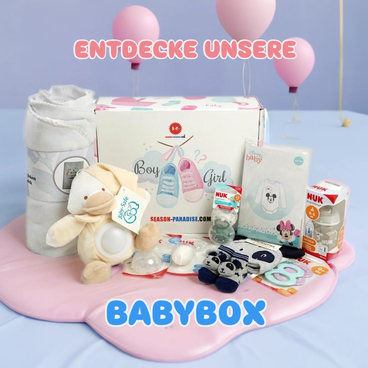 Liebevoll zusammengestellte Baby-Geschenkbox mit hochwertigen Produkten