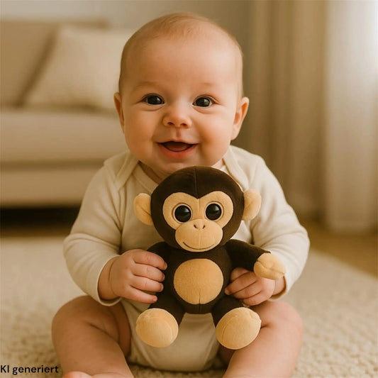 Glückliches Baby hält weichen Kuschelaffen – liebevoller Begleiter für kleine Entdecker